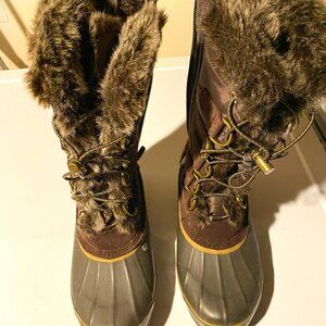 Lands End Women's Brown Hillary Tall Snow Winter Boots Suede Faux Fur
